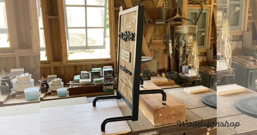 木製スタンド看板の横からの全体像。段差に対応した鉄枠スタンドとアジャスター付き脚部が見える制作風景