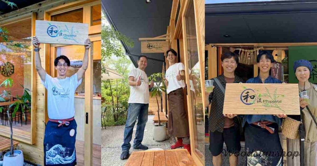 「和流 Proposta」のスタッフと、私たちが制作した木製看板。