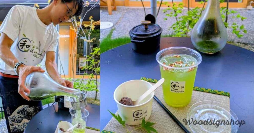 倉敷美観地区のカフェ「和流 Proposta」で玄米茶を淹れる男性と、テーブルに置かれた冷たいお茶とあんこ。