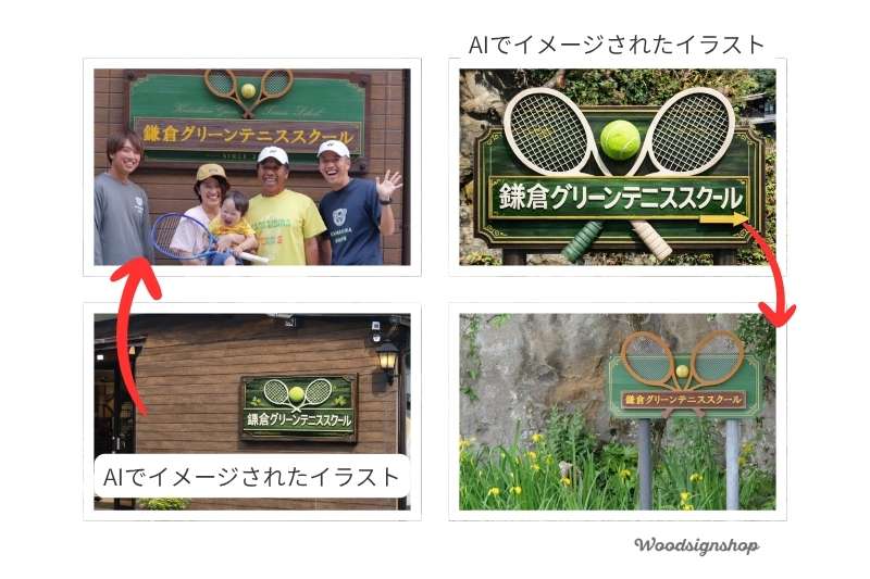 AIで生成された看板のイメージ画像から、実際の木製看板の製作、設置、納品までのプロセスをまとめたコラージュ写真